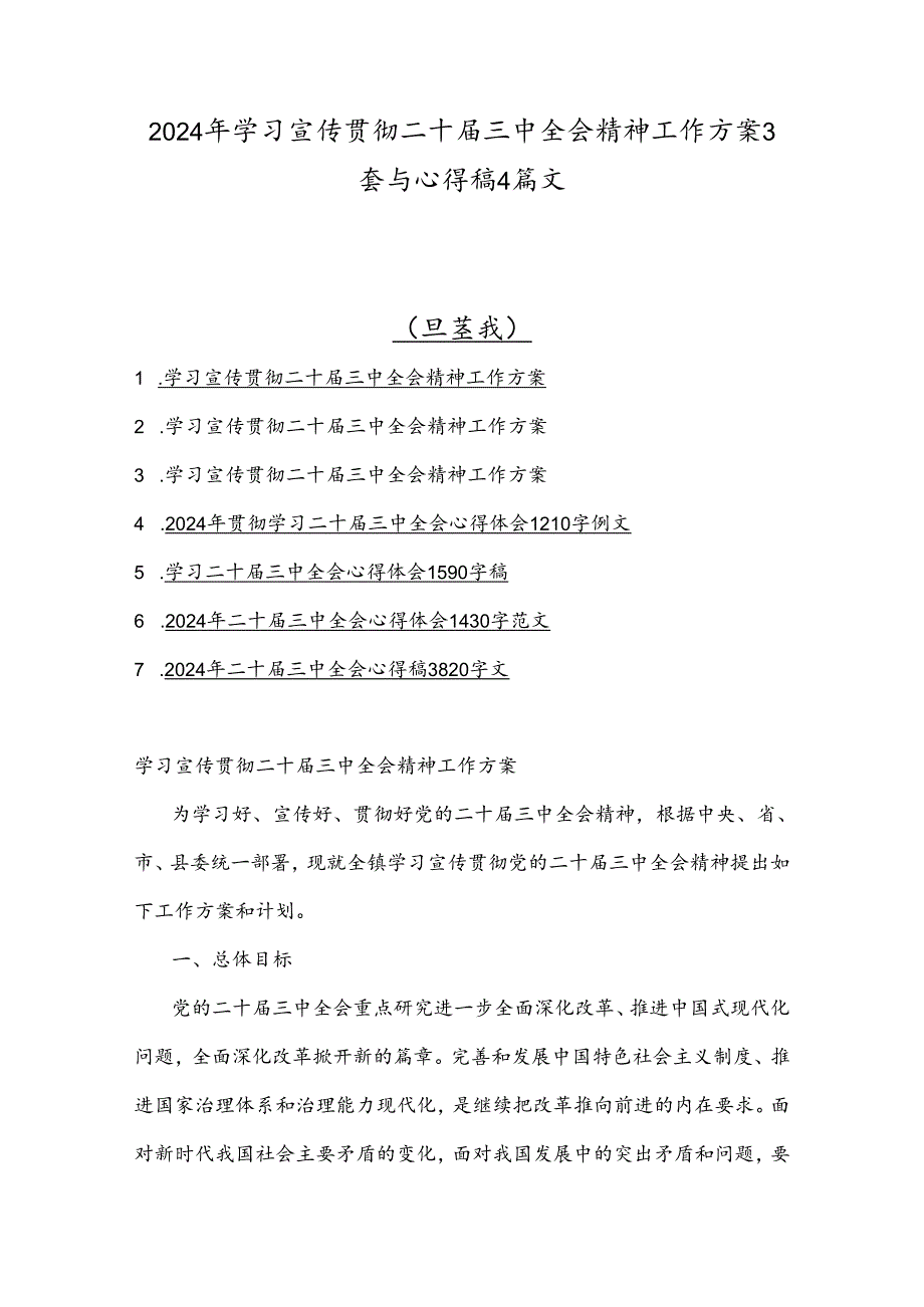 2024年学习宣传贯彻二十届三中全会精神工作方案3套与心得稿4篇文.docx_第1页