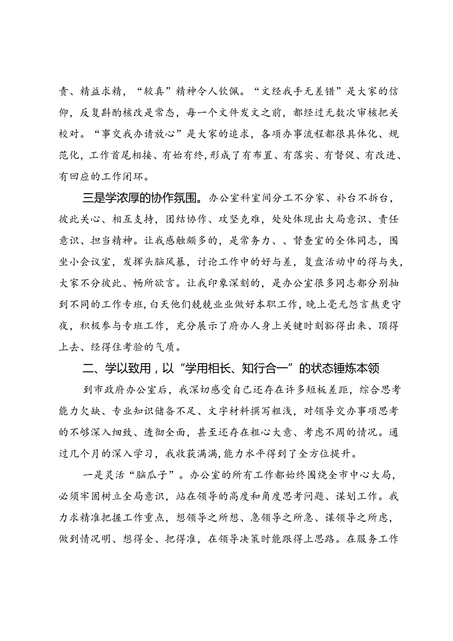 市政府办公室岗位标兵交流发言稿：苦练“实干秘籍”争做“辅政精兵.docx_第2页