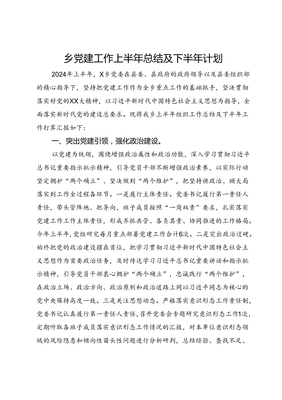 某乡2024年上半年党建工作总结及下半年计划.docx_第1页