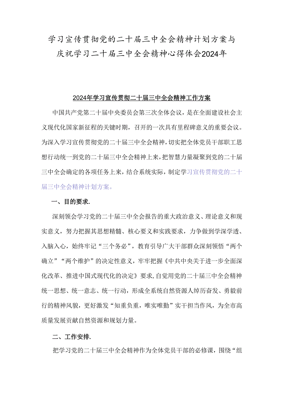 学习宣传贯彻党的二十届三中全会精神计划方案与庆祝学习二十届三中全会精神心得体会2024年.docx_第1页