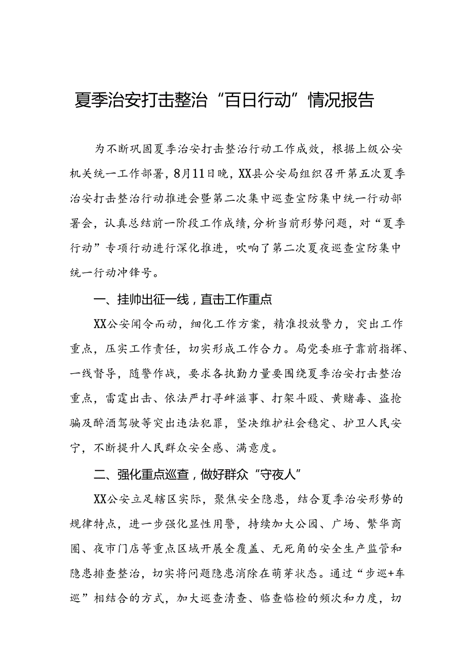 公安深入推进夏季治安打击整治行动情况报告11篇.docx_第1页