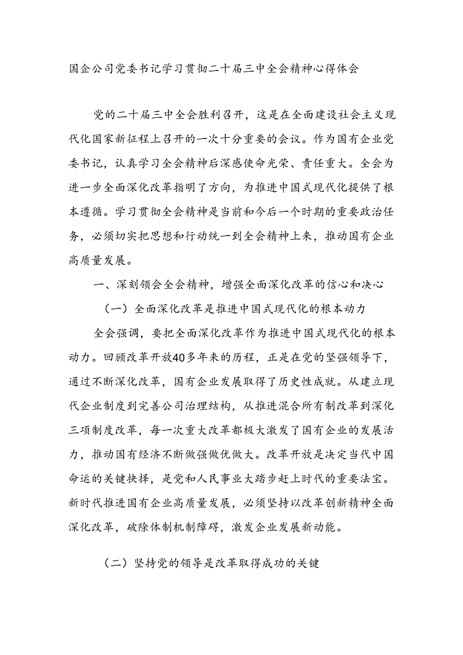 国企公司党委书记学习贯彻二十届三中全会精神心得体会研讨发言.docx_第1页