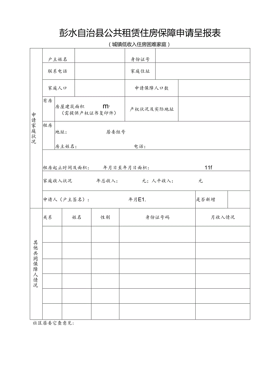 彭水县廉租住房保障申请呈报表.docx_第1页