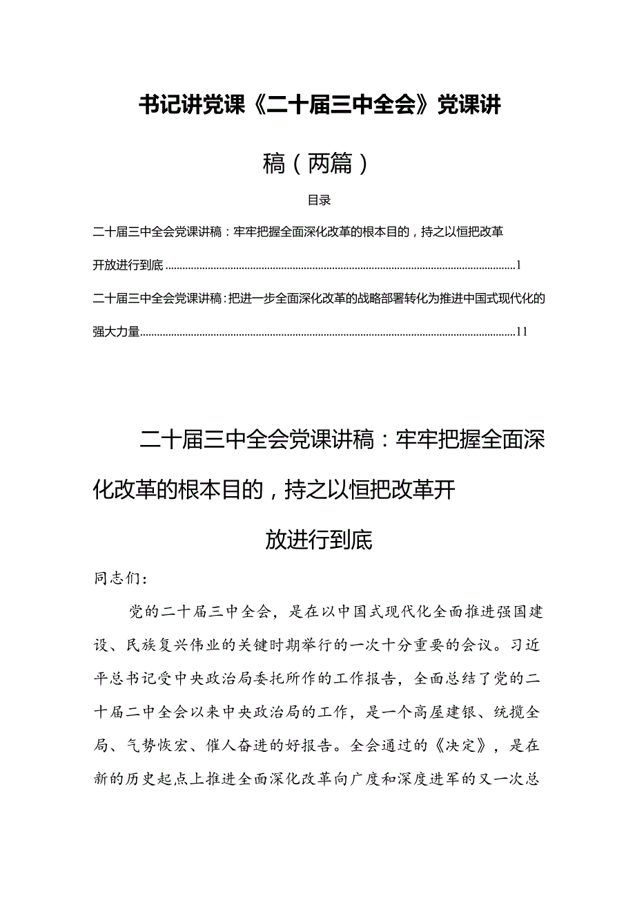 书记讲党课《二十届三中全会》党课讲稿（两篇).docx_第1页