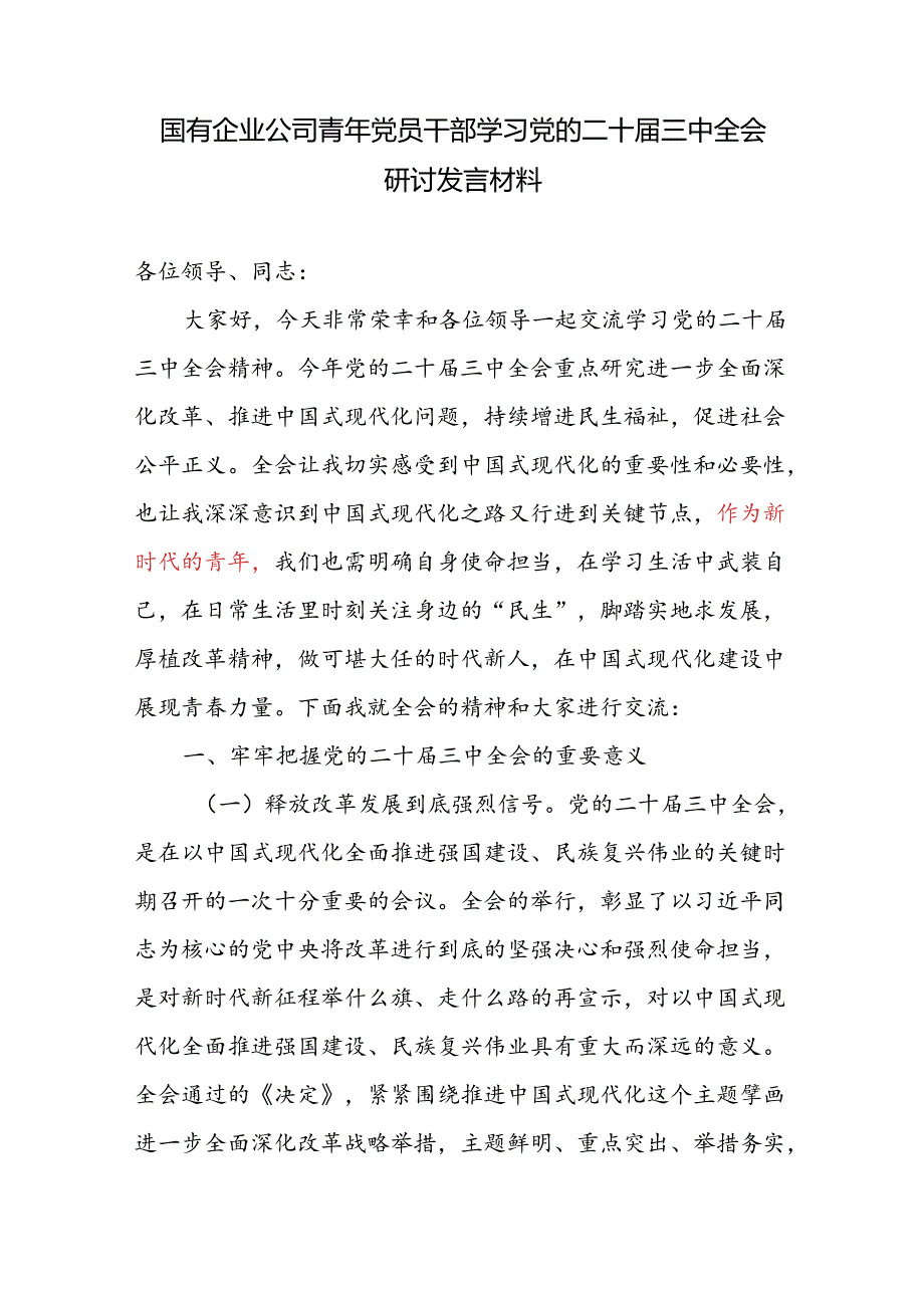 国有企业公司青年党员干部学习党的二十届三中全会研讨发言材料.docx_第1页