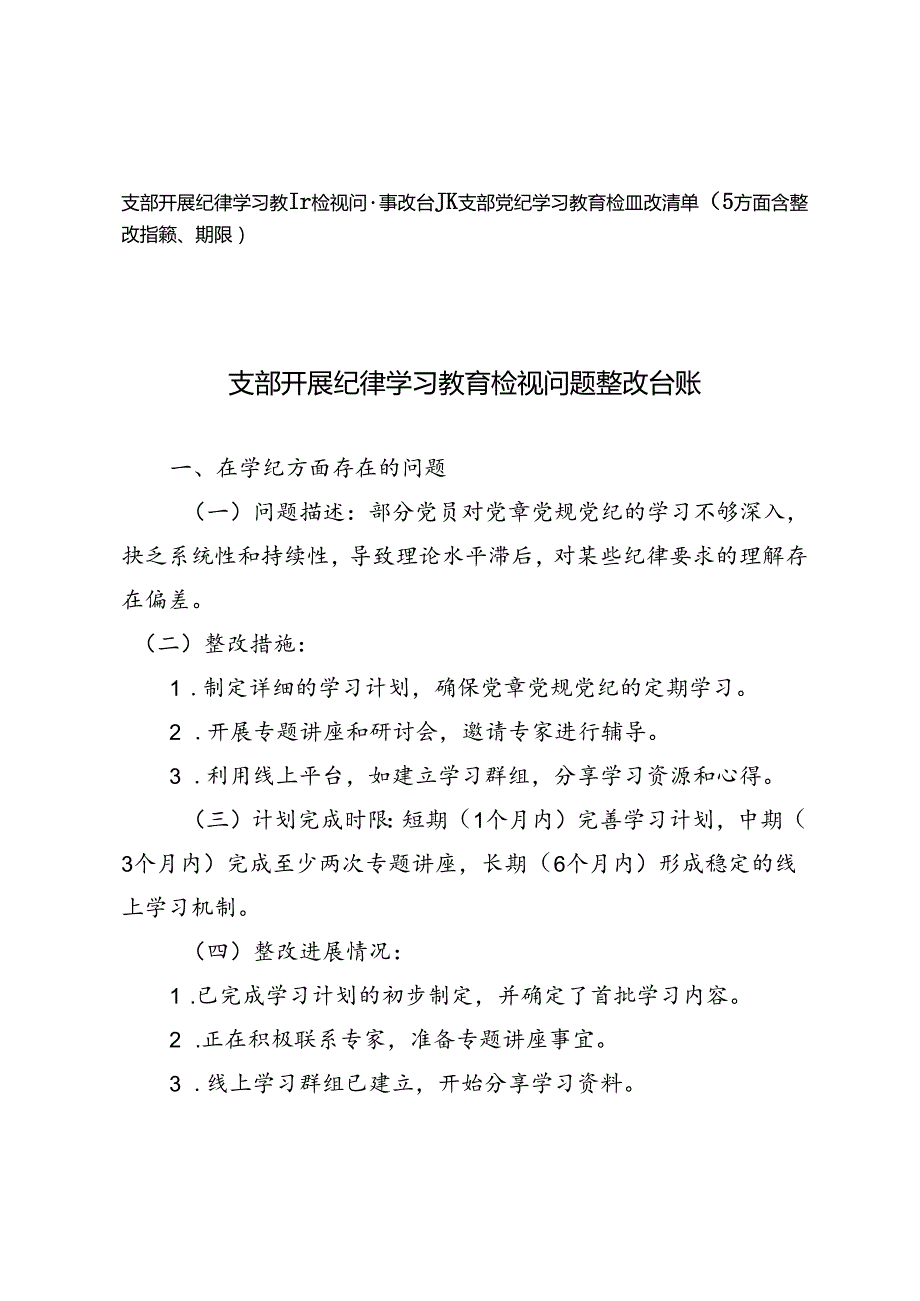 支部开展纪律学习教育检视问题整改台账+支部党纪学习教育检视整改清单（5方面含整改措施、期限）.docx_第1页