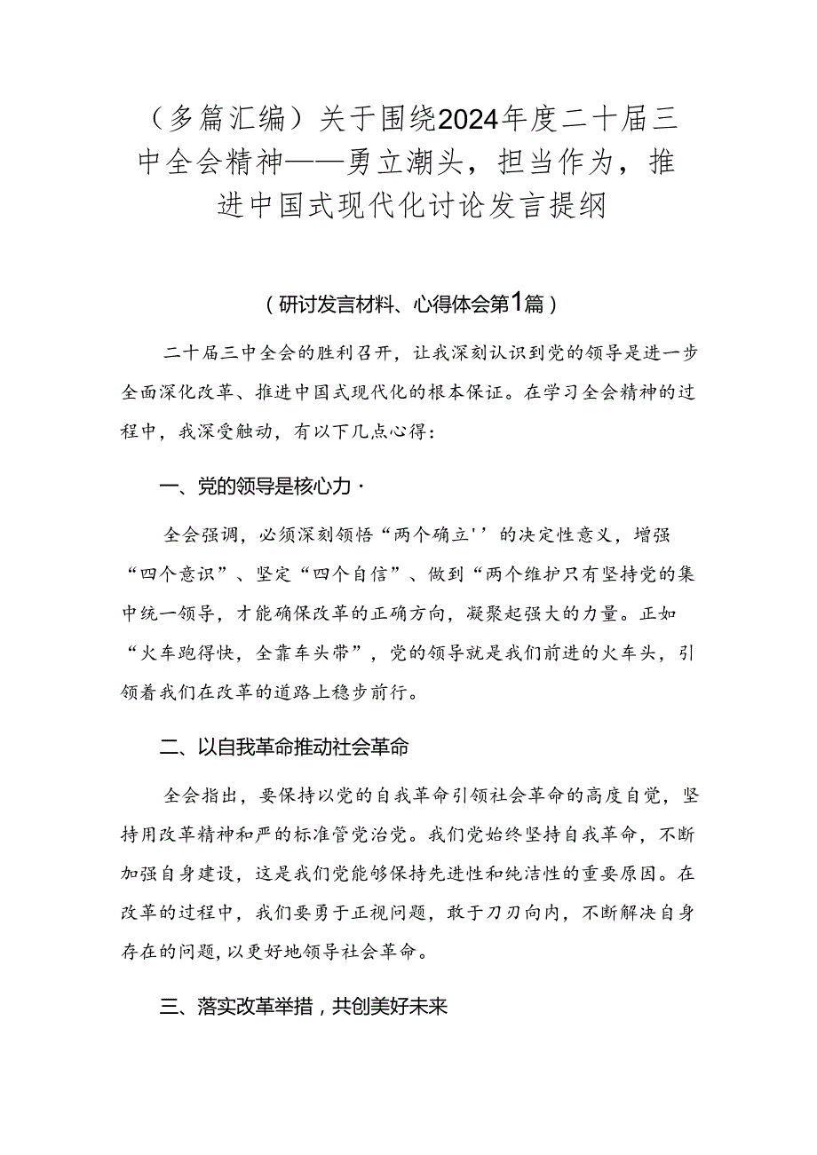 （多篇汇编）关于围绕2024年度二十届三中全会精神——勇立潮头担当作为推进中国式现代化讨论发言提纲.docx