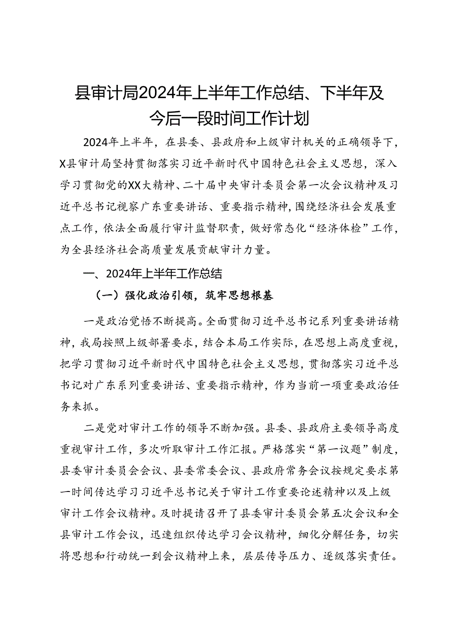 县审计局2024年上半年工作总结、下半年及今后一段时间工作计划.docx_第1页