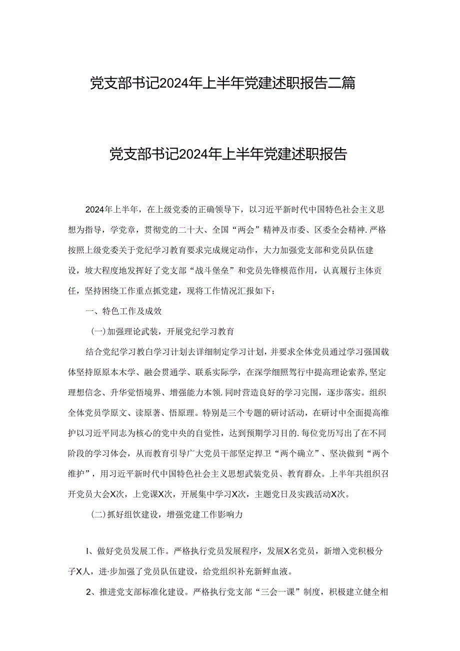 党支部书记2024年上半年党建述职报告二篇.docx_第1页