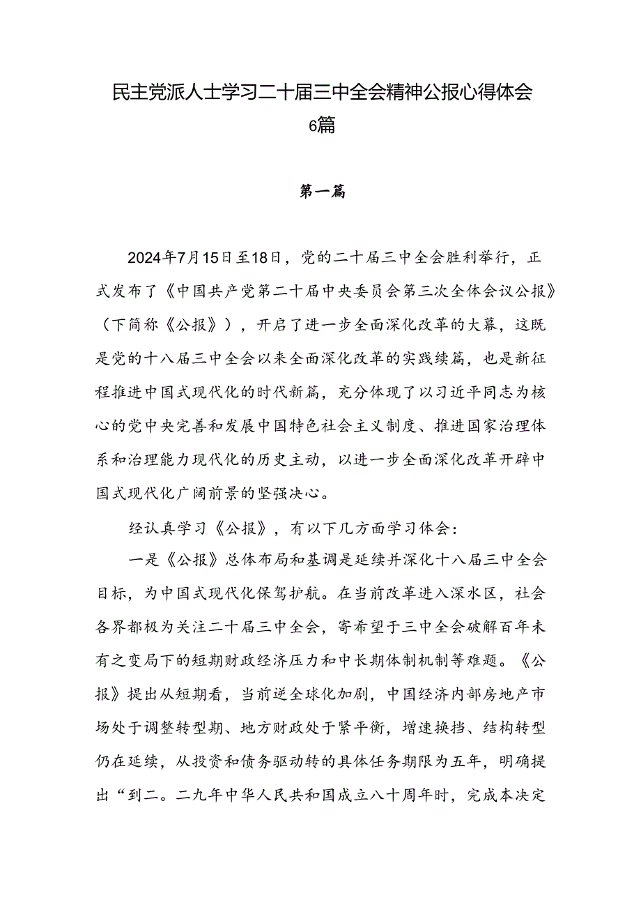 2024-年民主党派人士学习二十届三中全会精神公报心得体会感想研讨发言6篇.docx_第1页