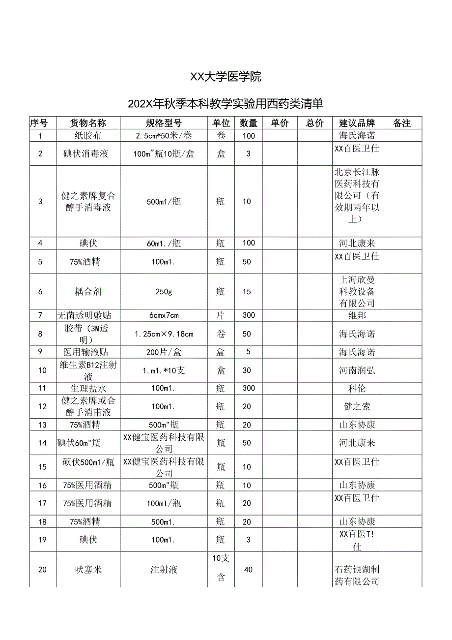 XX大学医学院202X年秋季本科教学实验用西药类清单（2024年）.docx_第1页