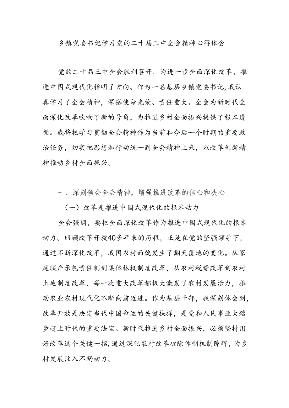 乡镇党委书记学习党的二十届三中全会精神心得体会研讨发言.docx_第1页