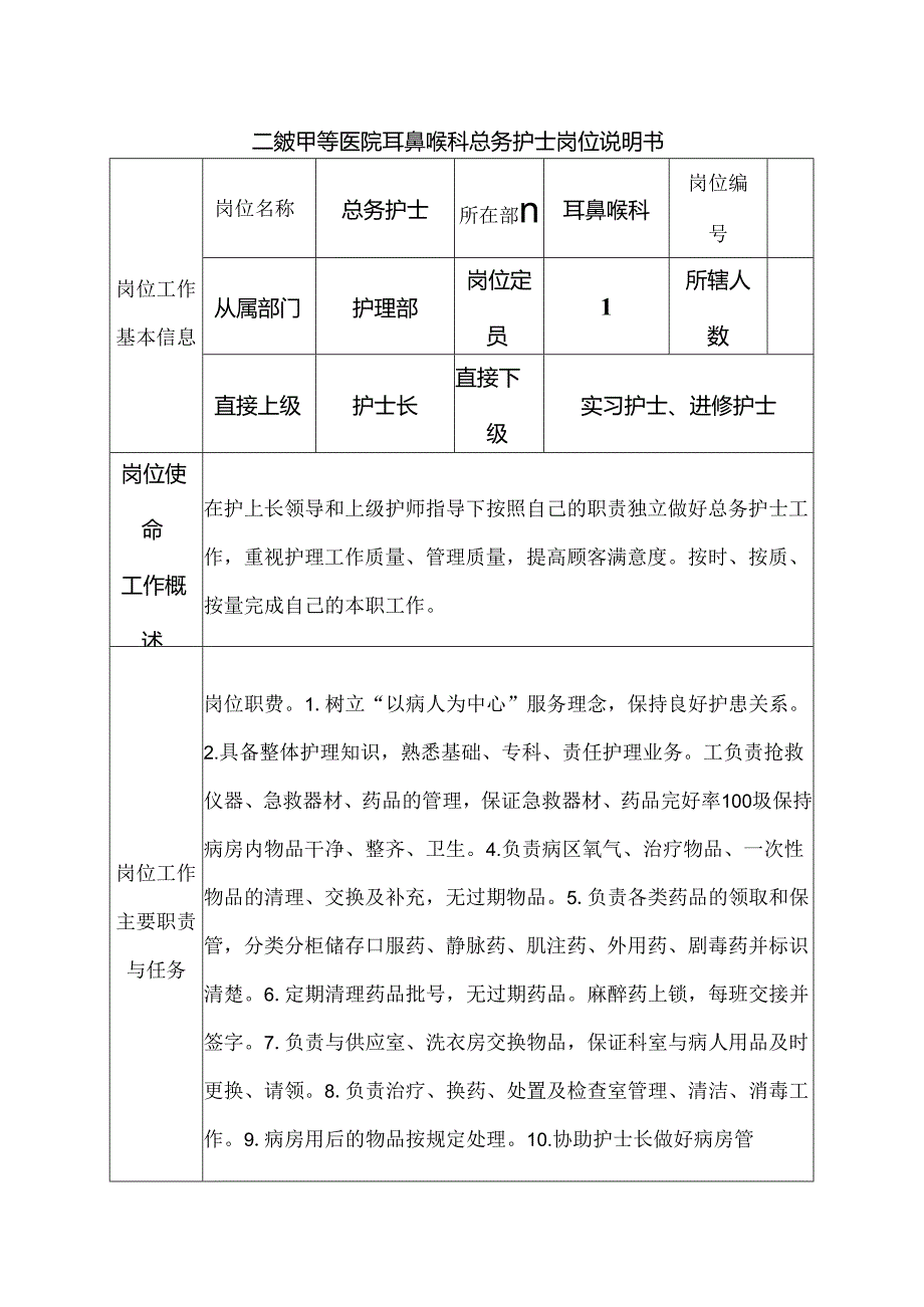 二级甲等医院耳鼻喉科总务护士岗位说明书.docx_第1页