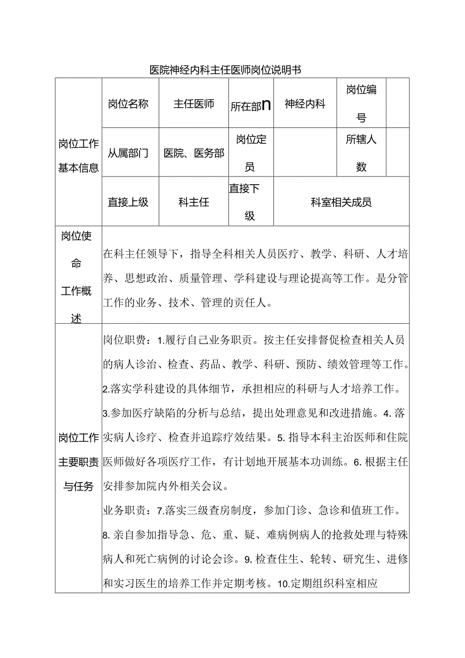 医院神经内科主任医师岗位说明书.docx_第1页