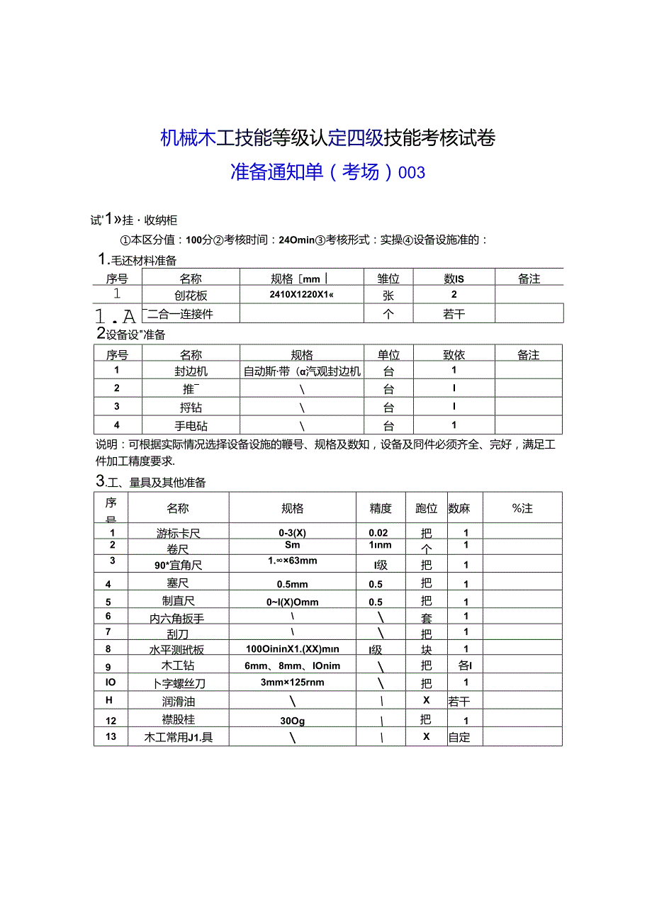 2024年山东省职业技能等级认定试卷 真题 机械木工 中级考场、考生准备通知单 .docx_第1页