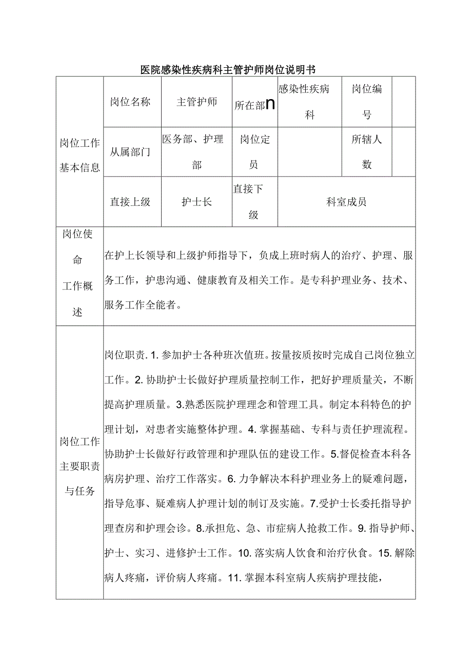 医院感染性疾病科主管护师岗位说明书.docx_第1页