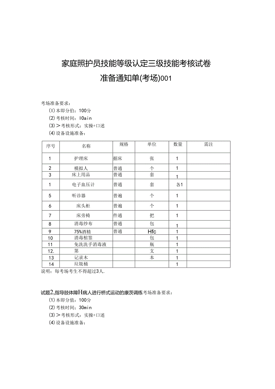 2024年山东省职业技能等级认定试卷 真题 家庭照护员 高级 考场、考生准备通知单 ().docx_第1页