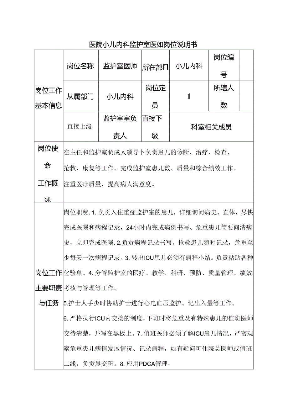 医院小儿内科监护室医师岗位说明书.docx_第1页