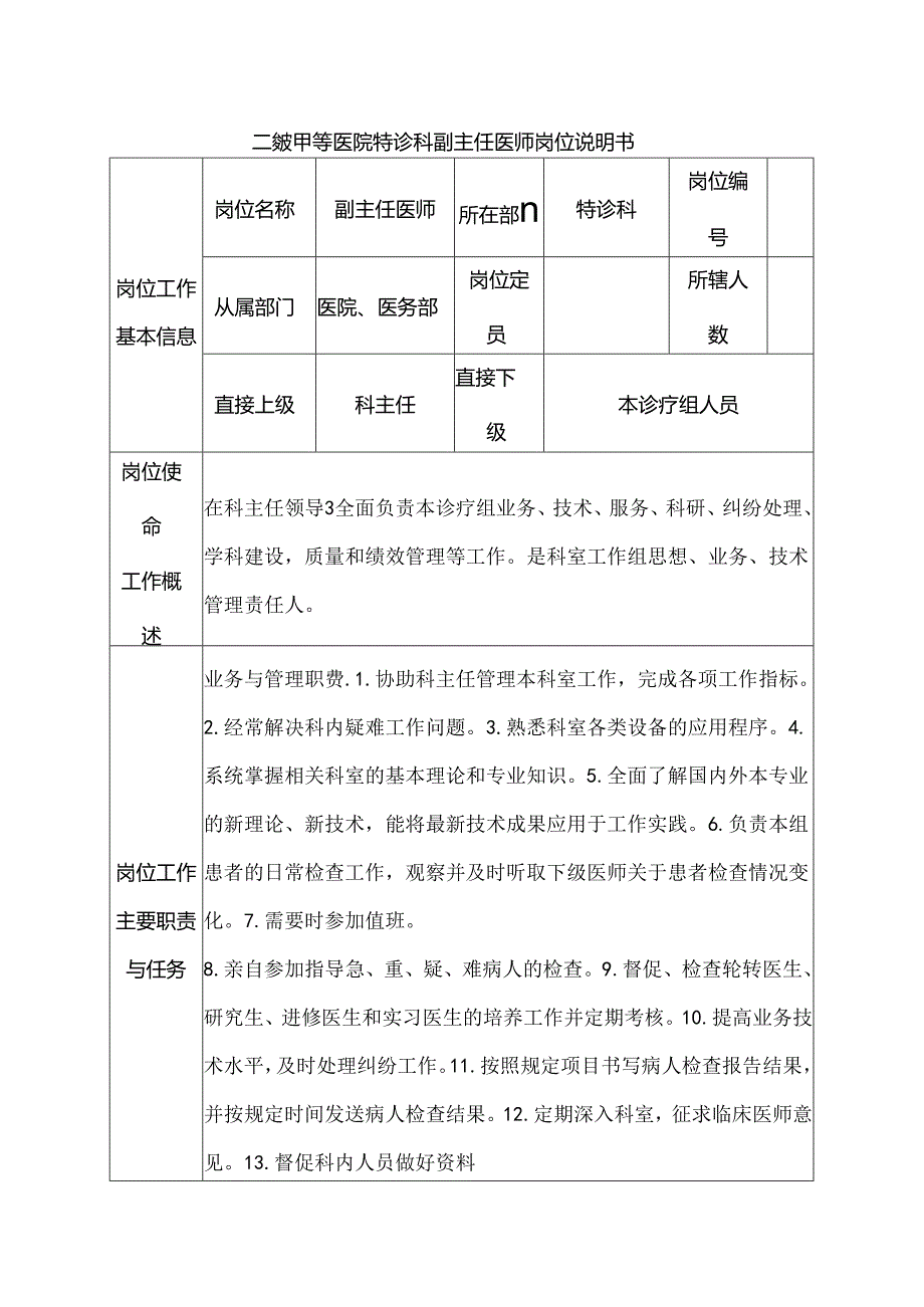 二级甲等医院特诊科副主任医师岗位说明书.docx_第1页