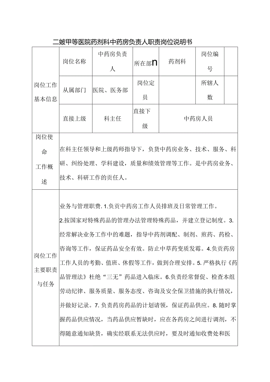 二级甲等医院药剂科中药房负责人职责岗位说明书.docx_第1页