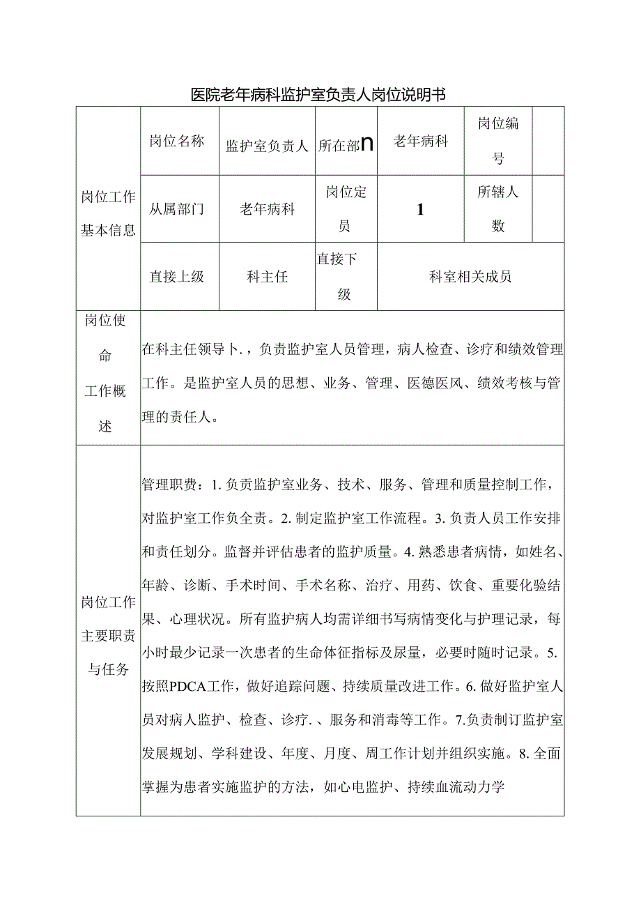 医院老年病科监护室负责人岗位说明书.docx_第1页