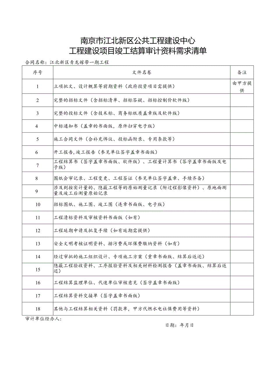 竣工结算资料需求清单（青龙绿带一期）.docx_第1页