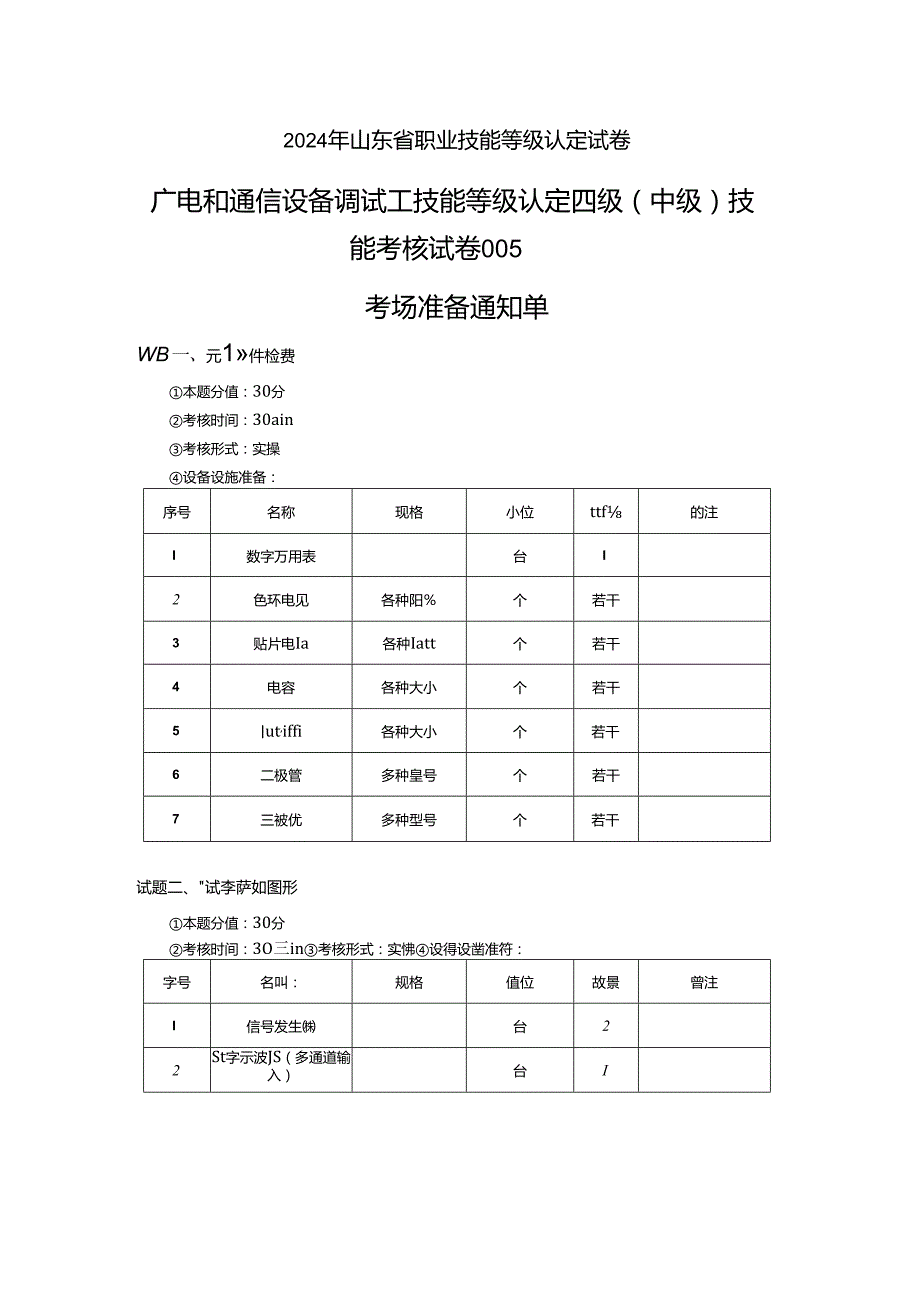 2024年山东省职业技能等级认定试卷 真题 广电和通信设备调试工实操中级试卷005考场、考生准备通知单.docx_第1页