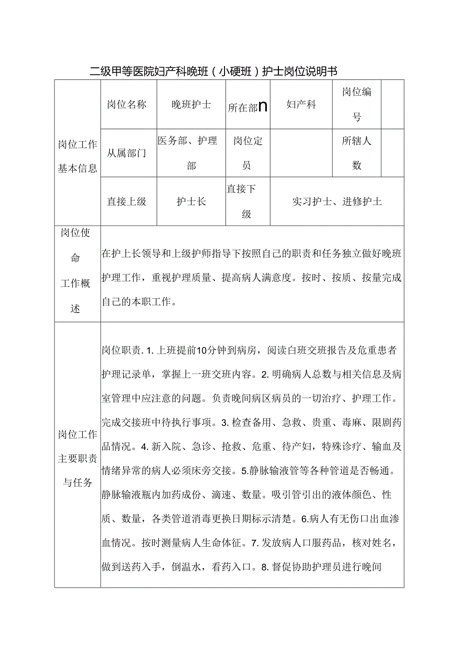 二级甲等医院妇产科晚班（小夜班）护士岗位说明书.docx_第1页