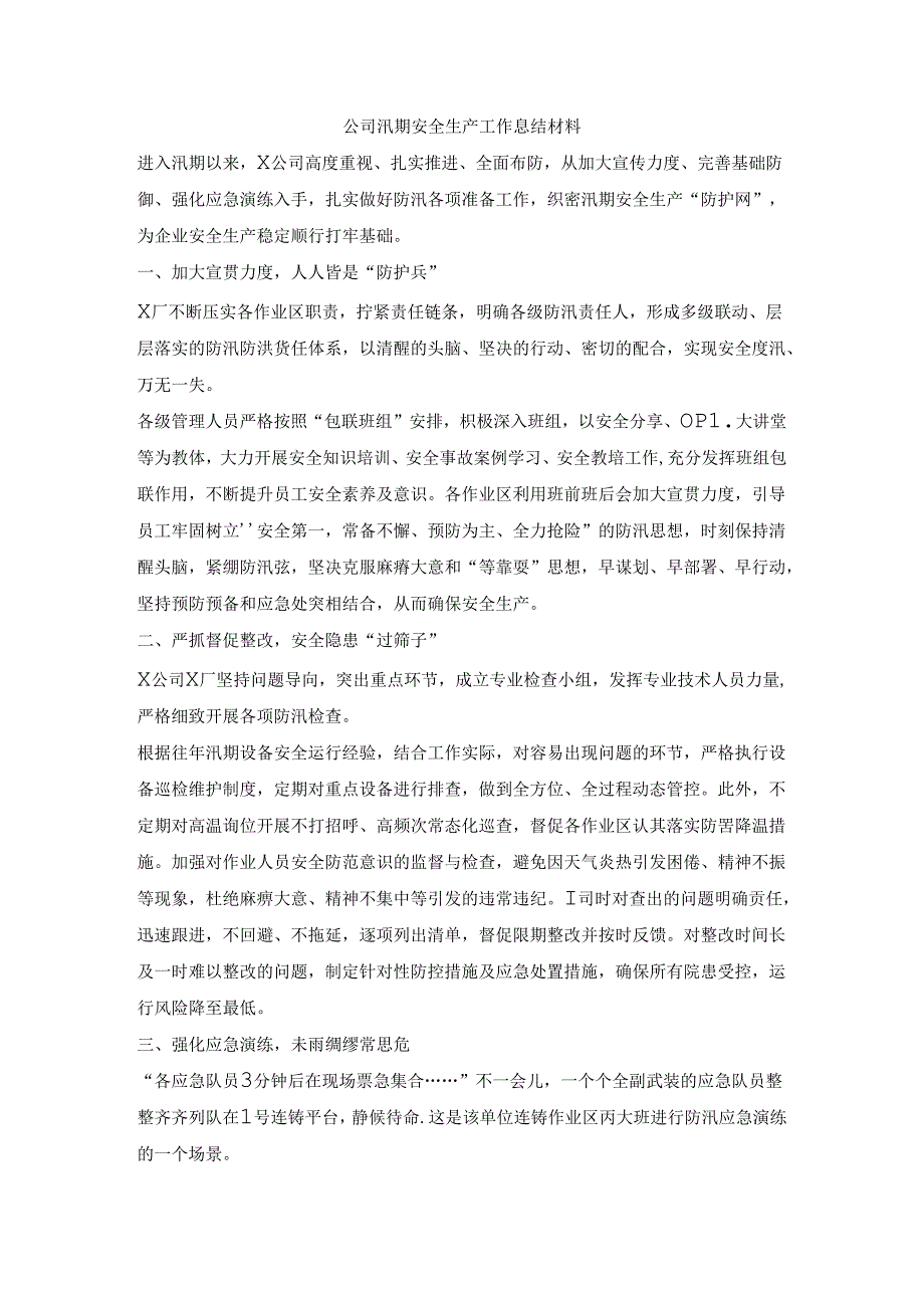 公司汛期安全生产工作总结材料.docx_第1页