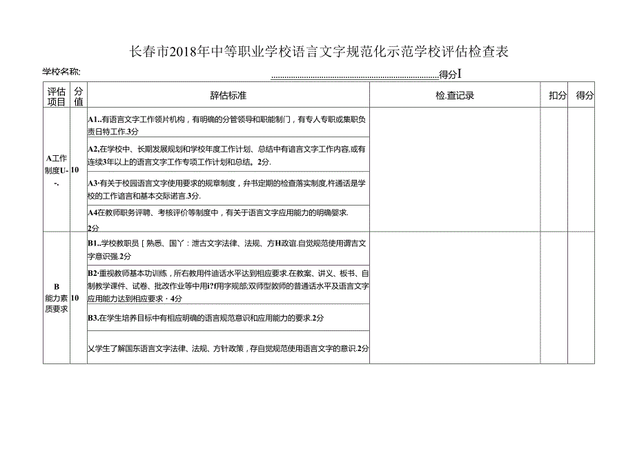 长春市2018年中等职业学校语言文字规范化示范学校评估检查表.docx_第1页