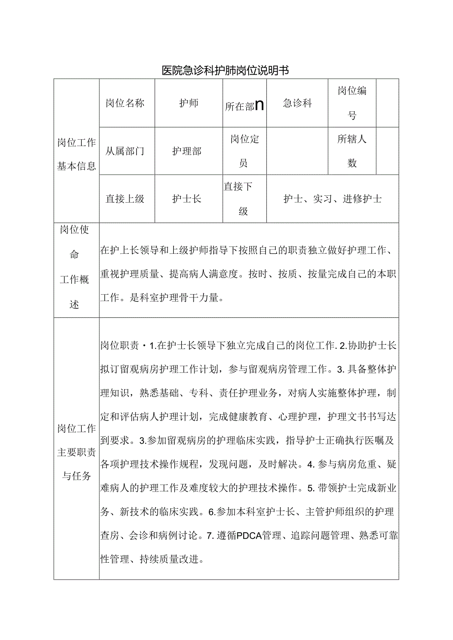 医院急诊科护师岗位说明书.docx_第1页