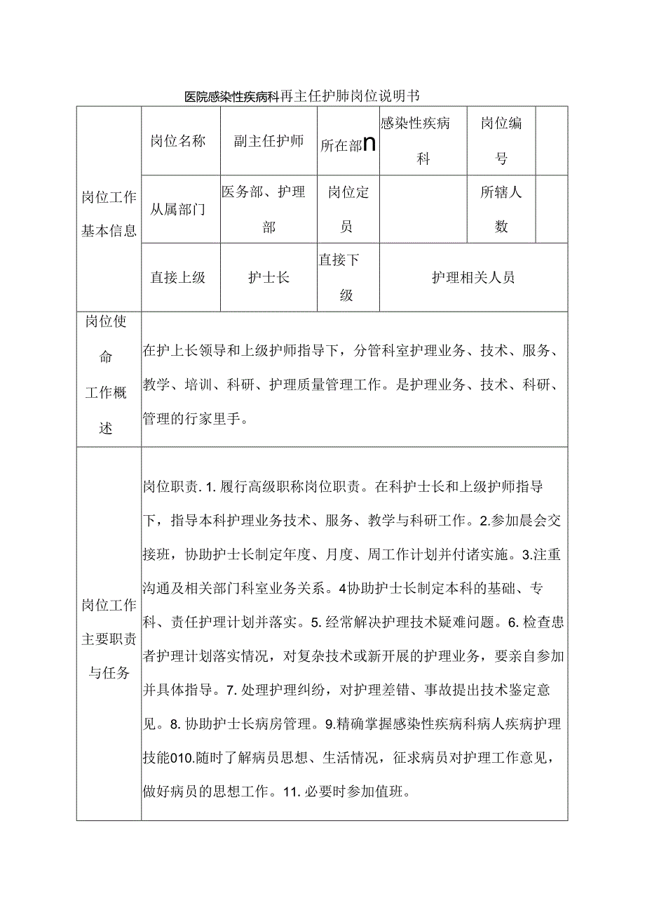 医院感染性疾病科副主任护师岗位说明书.docx_第1页