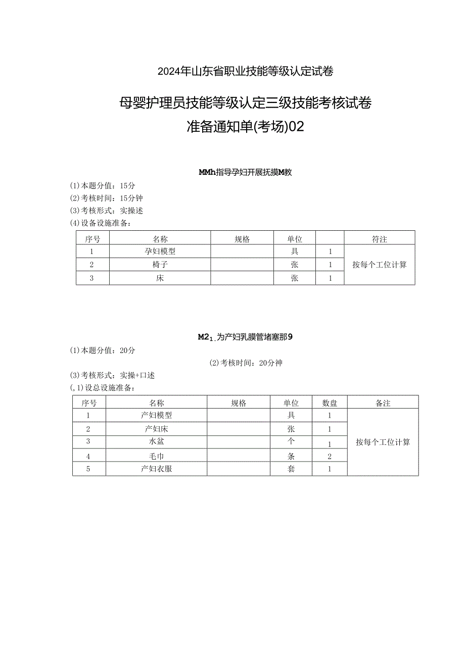 2024年山东省职业技能等级认定试卷 真题 母婴护理员 高级准备通知.docx_第1页