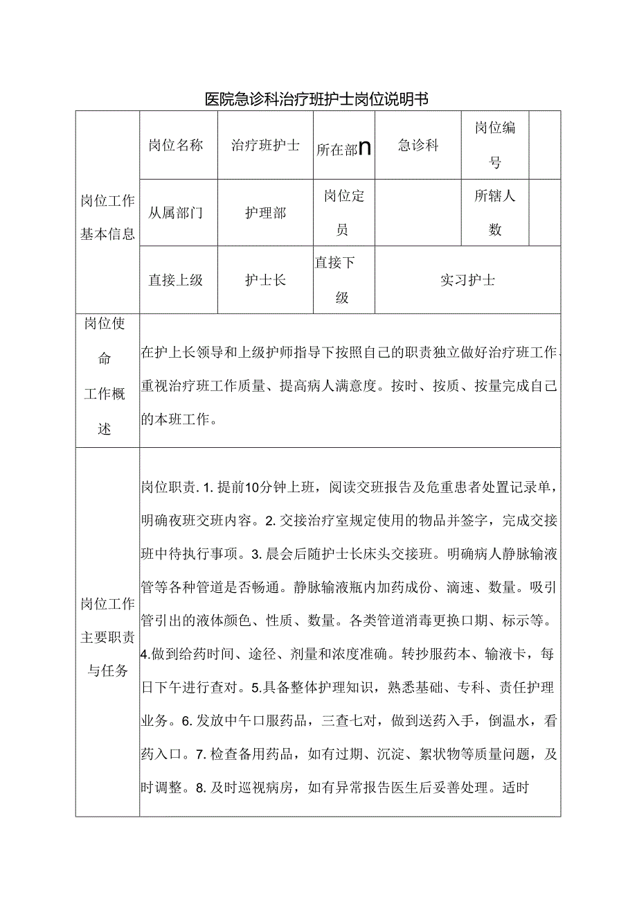 医院急诊科治疗班护士岗位说明书.docx_第1页