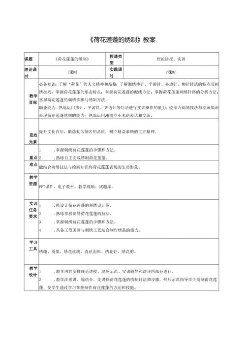 《简易绣品制作》教案教学设计之：荷花莲蓬的绣制.docx