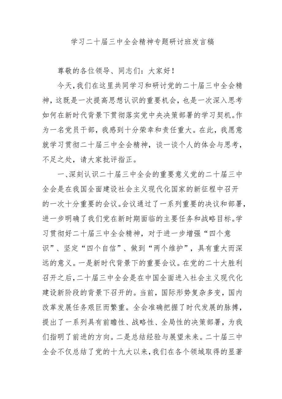 2024年开展《学习二十届三中全会精神》专题研讨班发言稿（5份）_59.docx_第1页