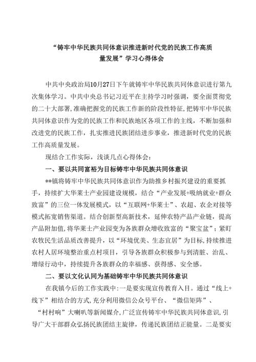 (六篇)“铸牢中华民族共同体意识推进新时代党的民族工作高质量发展”学习心得体会（详细版）.docx