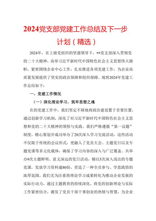 2024党支部党建工作总结及下一步计划（精选）.docx