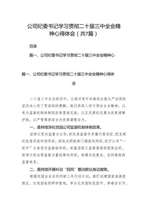 公司纪委书记学习贯彻二十届三中全会精神心得体会7篇（最新版）.docx