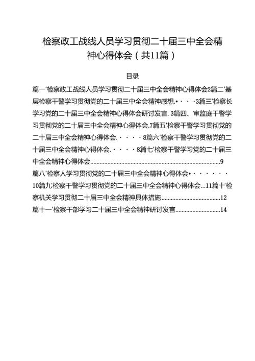 检察政工战线人员学习贯彻二十届三中全会精神心得体会11篇（精选）.docx