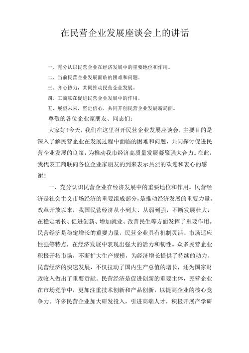 在民营企业发展座谈会上的 讲话.docx