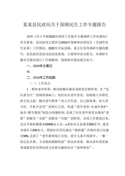 某某县民政局关于保障民生工作专题报告.docx