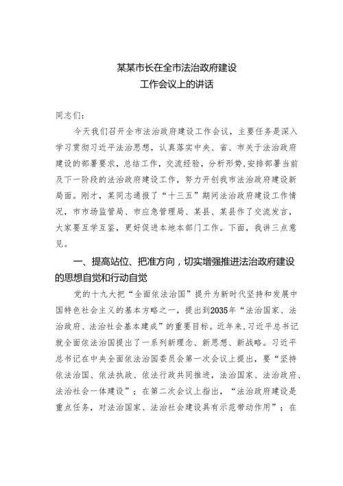 某某市长在全市法治政府建设工作会议上的讲话.docx