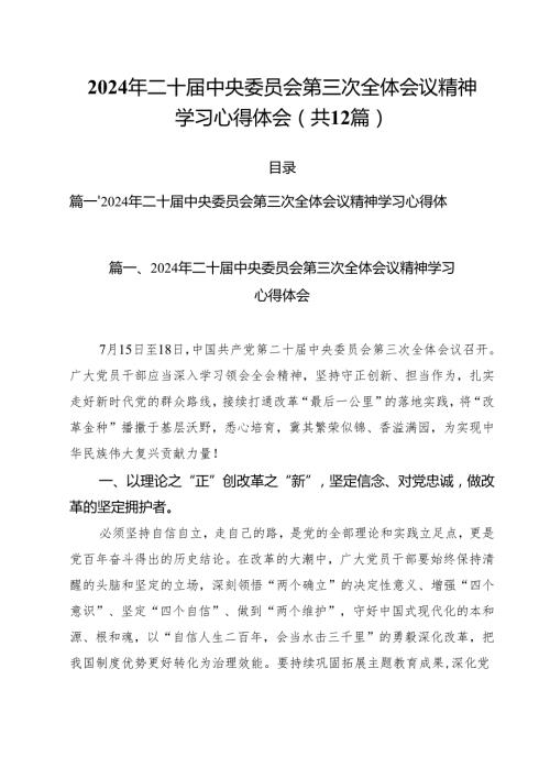 2024年二十届中央委员会第三次全体会议精神学习心得体会（共12篇）.docx