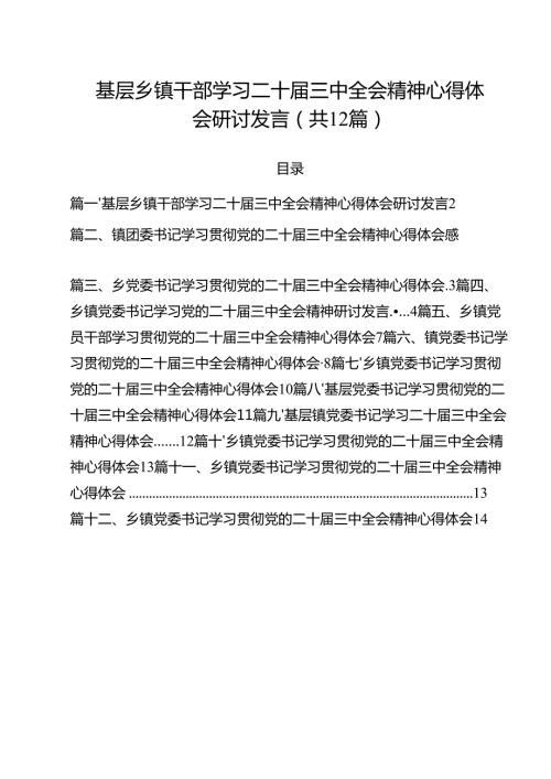 基层乡镇干部学习二十届三中全会精神心得体会研讨发言（共12篇）.docx