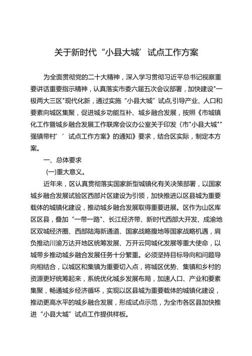 关于新时代“小县大城”试点工作方案.docx