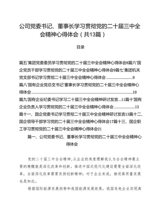 （13篇）公司党委书记、董事长学习贯彻党的二十届三中全会精神心得体会范文.docx