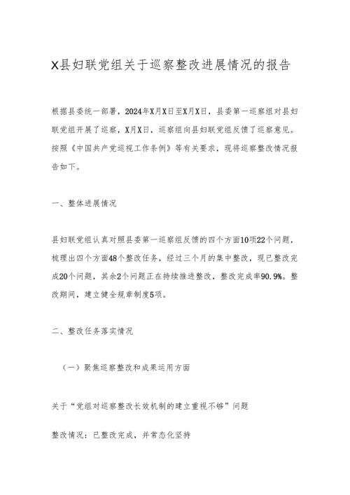 X县妇联党组关于巡察整改进展情况的报告.docx