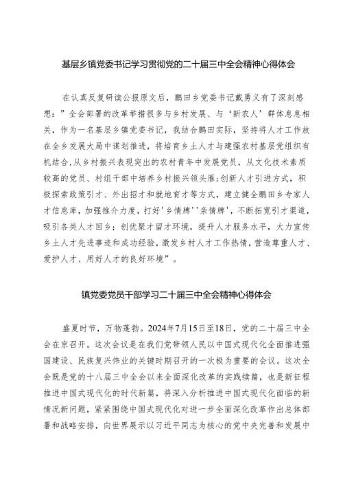 (四篇)基层乡镇党委书记学习贯彻党的二十届三中全会精神心得体会汇编.docx