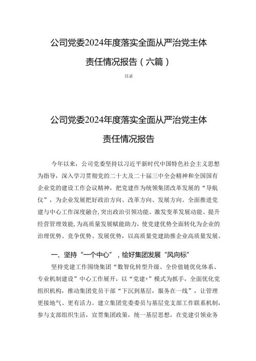 公司党委2024年度落实全面从严治党主体责任情况报告(六篇).docx